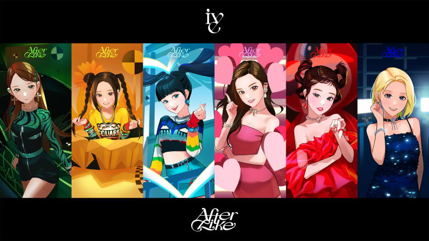 6+girls, after_like_(ive), animification, arm_warmers, bare_shoulders, belt, black_belt, black_choker, black_hair, black_shorts, blonde_hair, blue_dress, blue_eyes, blue_skirt, blush, bow, bracelet, braid, breasts, brown_eyes, brown_hair, choker, cleavage, collarbone, column_lineup, copyright_name, cropped_shirt, cross, cross_earrings, dimple, dress, earrings, everyone, finger_heart, floating_hair, gaeul_(ive), green_belt, green_shirt, hair_behind_ear, hair_ornament, hairclip, head_tilt, heart, heart_earrings, highres, holding, holding_own_hair, ive_(group), jewelry, k-pop, leeseo_(ive), letterboxed, liz_(ive), long_bangs, long_hair, long_sleeves, looking_at_viewer, making-of_available, medium_breasts, midriff_peek, mole, mole_above_mouth, mole_on_cheek, mole_under_eye, mole_under_mouth, multiple_girls, necklace, off-shoulder_dress, off_shoulder, parted_bangs, parted_lips, pencil_skirt, pink_dress, pink_lips, pink_nails, pointing, pointing_at_viewer, pointing_up, print_shirt, real_life, red_dress, rei_(ive), ring, shiny_clothes, shirt, short_hair, shorts, skirt, small_breasts, smile, song_name, star_(symbol), star_earrings, strapless, strapless_dress, teeth, tongue, tongue_out, twin_braids, twintails, upper_body, very_long_hair, jang_wonyoung, yellow_shirt, yeoneotail, yujin_(ive)