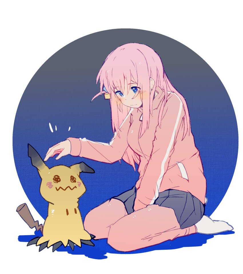 1girl, absurdres, blue_eyes, blush, bocchi_the_rock!, closed_mouth, crossover, cube_hair_ornament, full_body, gen_7_pokemon, gotoh_hitori, grey_skirt, hair_between_eyes, hair_ornament, highres, jacket, long_hair, long_sleeves, mimikyu, nimingduz, nintendo, one_side_up, pants, pants_under_skirt, pink_hair, pink_jacket, pink_pants, pleated_skirt, pokemon, pokemon_(creature), sitting, skirt, track_jacket, track_pants, wariza