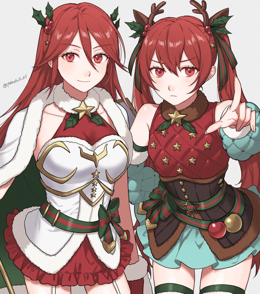 2girls, alternate_costume, animal_ears, antlers, breasts, cape, christmas, cleavage, commentary, cordelia_(fire_emblem), cordelia_(winter)_(fire_emblem), deer_ears, detached_sleeves, dress, fake_animal_ears, fake_antlers, female_focus, fire_emblem, fire_emblem_awakening, fire_emblem_fates, fire_emblem_heroes, frilled_dress, frills, garter_straps, gloves, highres, horns, long_hair, looking_at_viewer, matching_hair/eyes, mistletoe_hair_ornament, mother_and_child, mother_and_daughter, multiple_girls, nintendo, official_alternate_costume, parent_and_child, pointing, pointing_at_viewer, red_dress, red_eyes, red_gloves, red_hair, reindeer_antlers, selena_(fire_emblem_fates), selena_(winter)_(fire_emblem_fates), shamu_(peach11_01), small_breasts, smile, thighs, twintails, untranslatable_commentary, very_long_hair, watermark, white_cape