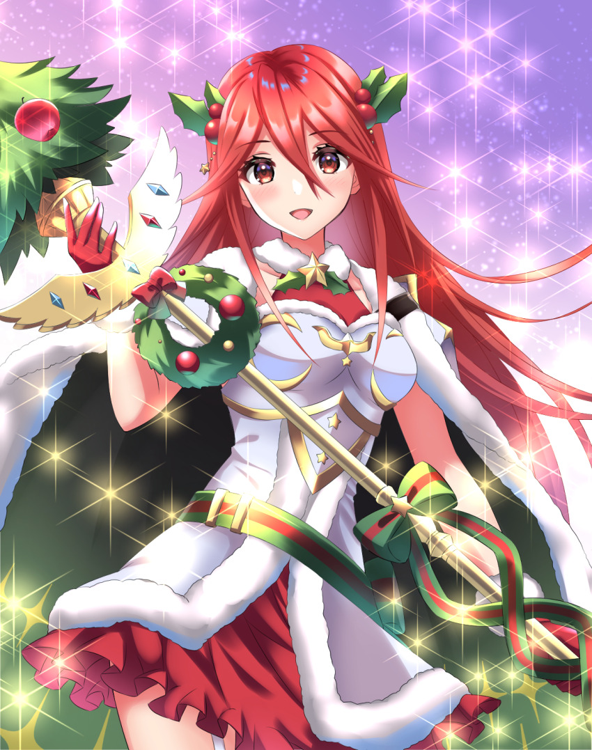 1girl, :d, armor, breastplate, christmas, christmas_ornaments, cordelia_(fire_emblem), cordelia_(winter)_(fire_emblem)