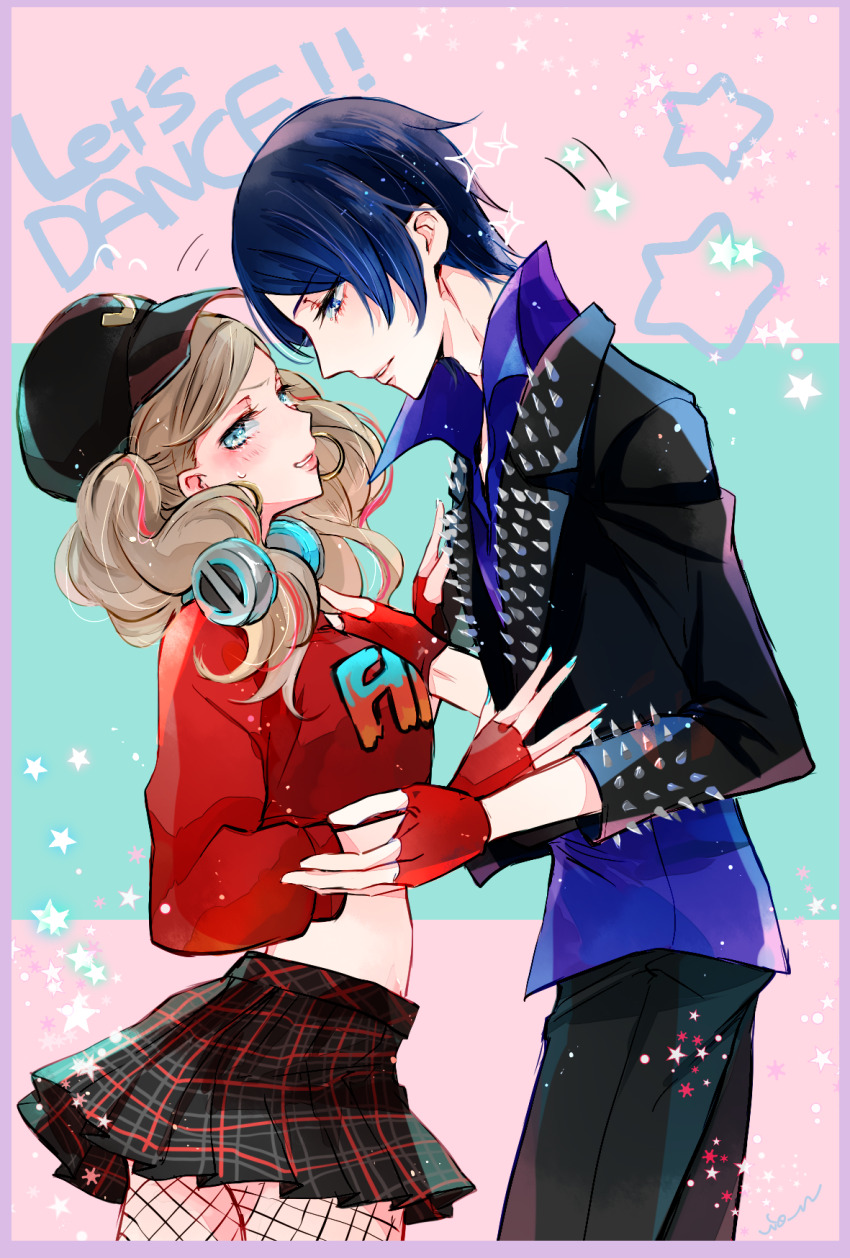 1boy, 1girl, black_jacket, black_pants, blonde_hair, blue_eyes, blue_hair, blue_shirt