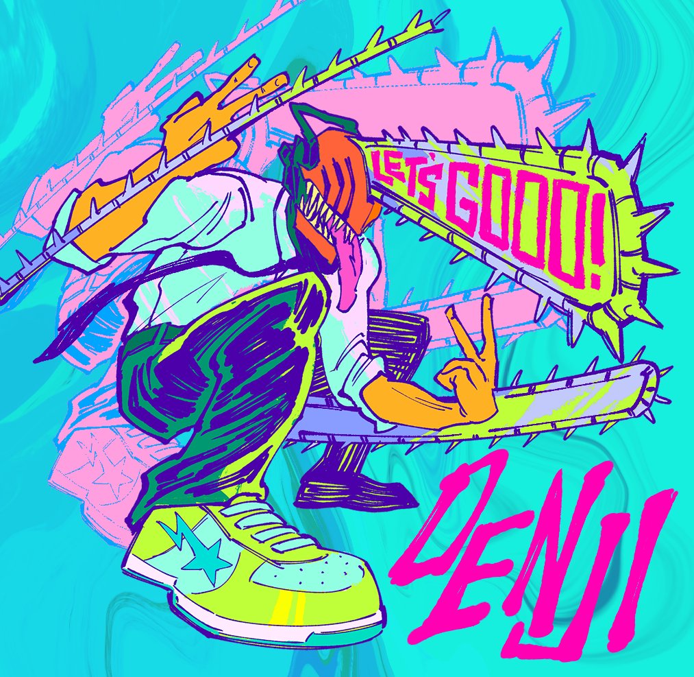 1boy, black_necktie, black_pants, chainsaw, chainsaw_man, character_name, collared_shirt, colorful