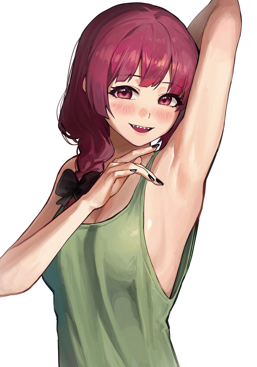 1girl, :d, absurdres, arm_up, armpits, black_bow, black_nails, blunt_bangs, blush, bocchi_the_rock!, bow, braid, breasts, cozyu, dress, green_dress, hair_bow, hair_over_shoulder, hand_up, highres, hiroi_kikuri, long_hair, looking_at_viewer, medium_breasts, nail_polish, open_mouth, presenting_armpit, purple_eyes, purple_hair, resolution_mismatch, sharp_teeth, sideboob, simple_background, single_braid, sleeveless, sleeveless_dress, smile, solo, source_larger, teeth, upper_body, white_background