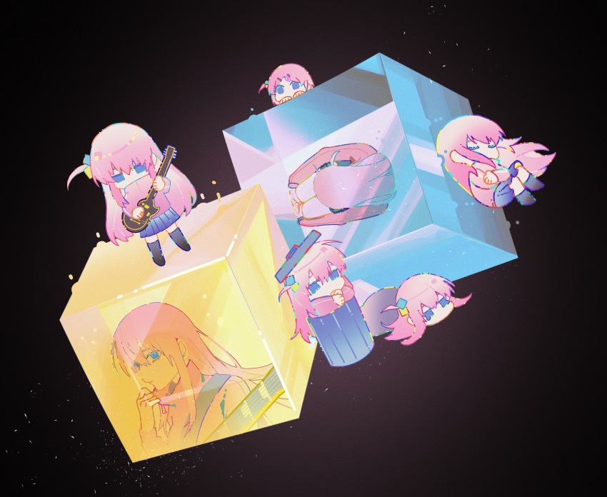 1girl, absurdres, black_socks, blue_eyes, bocchi_the_rock!, brown_shoes, chibi, cube, cube_hair_ornament, dark_background, electric_guitar, floating, floating_object, full_body, gibson_les_paul, gotoh_hitori, grey_skirt, guitar, hair_between_eyes, hair_ornament, highres, holding, holding_instrument, instrument, jacket, loafers, long_hair, luosanle, one_side_up, pink_hair, pink_jacket, pleated_skirt, shoes, sitting, skirt, socks, solo, standing, track_jacket, trash_can