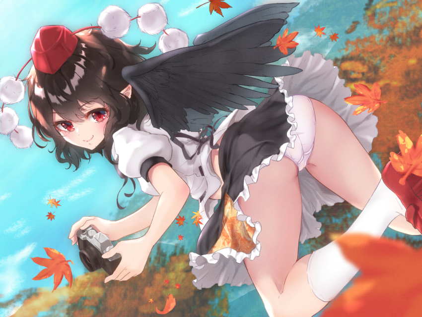 1girl, ass, autumn_leaves, black_hair, black_wings, camera, day, flying