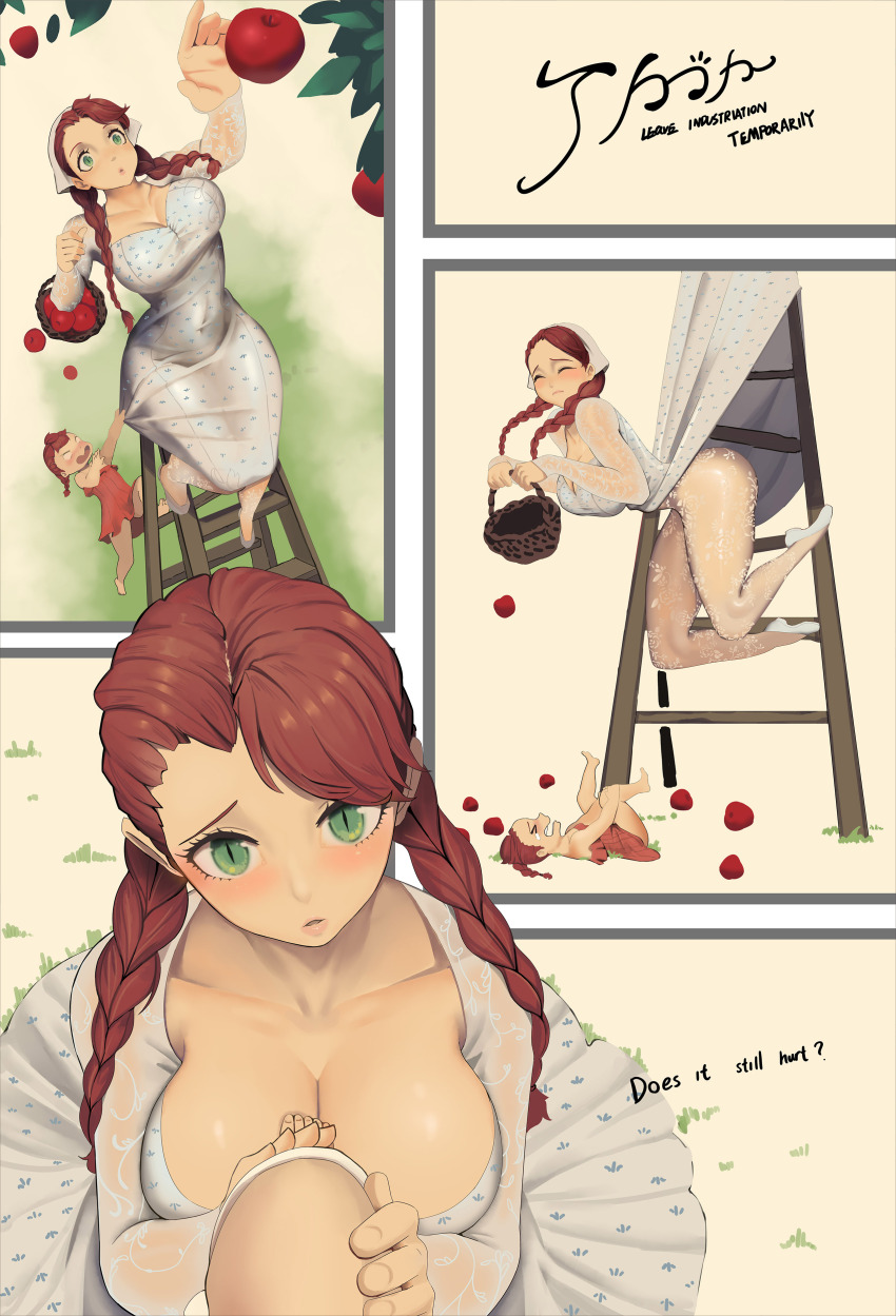 >_<, 2girls, absurdres, apple, basket, braid, breasts, child, cleavage, closed_eyes, collarbone, comic, commentary, crying, dress, english_text, fallen_down, female_pov, food, fruit, green_eyes, highres, holding, holding_basket, isher's_sister_(liangzi_tai_hongcha), isher_(liangzi_tai_hongcha), ladder, large_breasts, liangzi_tai_hongcha, long_hair, long_sleeves, looking_at_viewer, multiple_girls, original, outside_border, parted_lips, picking_fruit, pov, pulling_another's_clothes, reaching, red_hair, see-through_clothes, see-through_sleeves, siblings, sisters, slit_pupils, teardrop, twin_braids, white_dress, white_footwear, worried