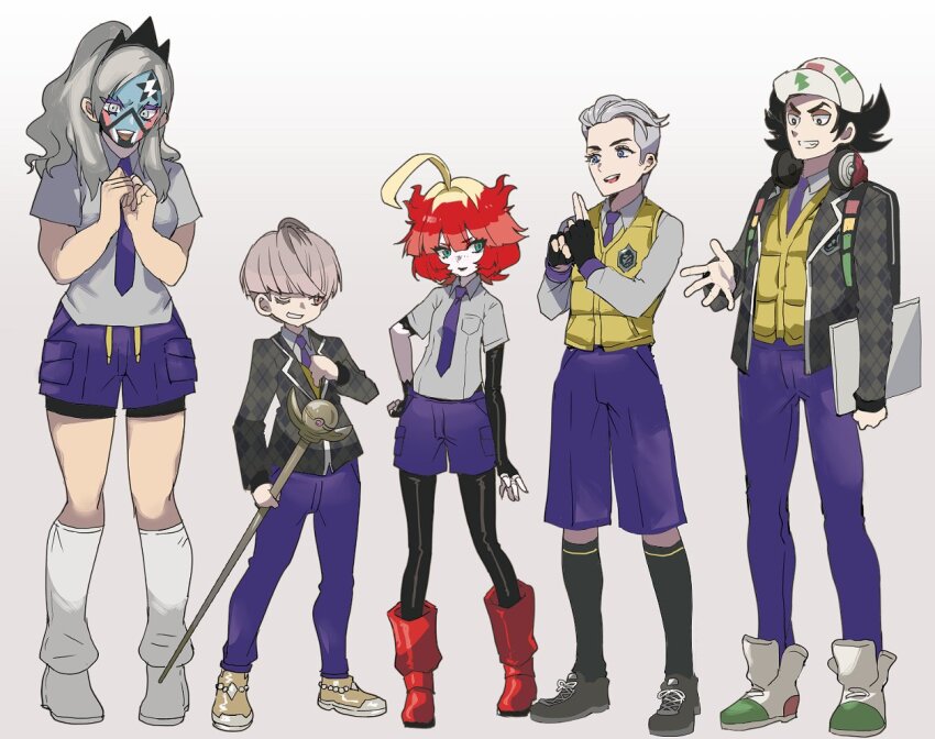 2girls, 3boys, ahoge, alternate_costume, atticus_(pokemon), baseball_cap, black_hair, blonde_hair, boots, cane, eri_(pokemon), facepaint, fingerless_gloves, giacomo_(pokemon), gloves, gradient_background, grey_hair, hat, headphones, headphones_around_neck, mela_(pokemon), multicolored_hair, multiple_boys, multiple_girls, narita_imomushi, necktie, nintendo, one_eye_closed, ortega_(pokemon), pokemon, pokemon_scarlet_and_violet, red_hair, school_uniform, shorts, two-tone_hair, uva_academy_school_uniform