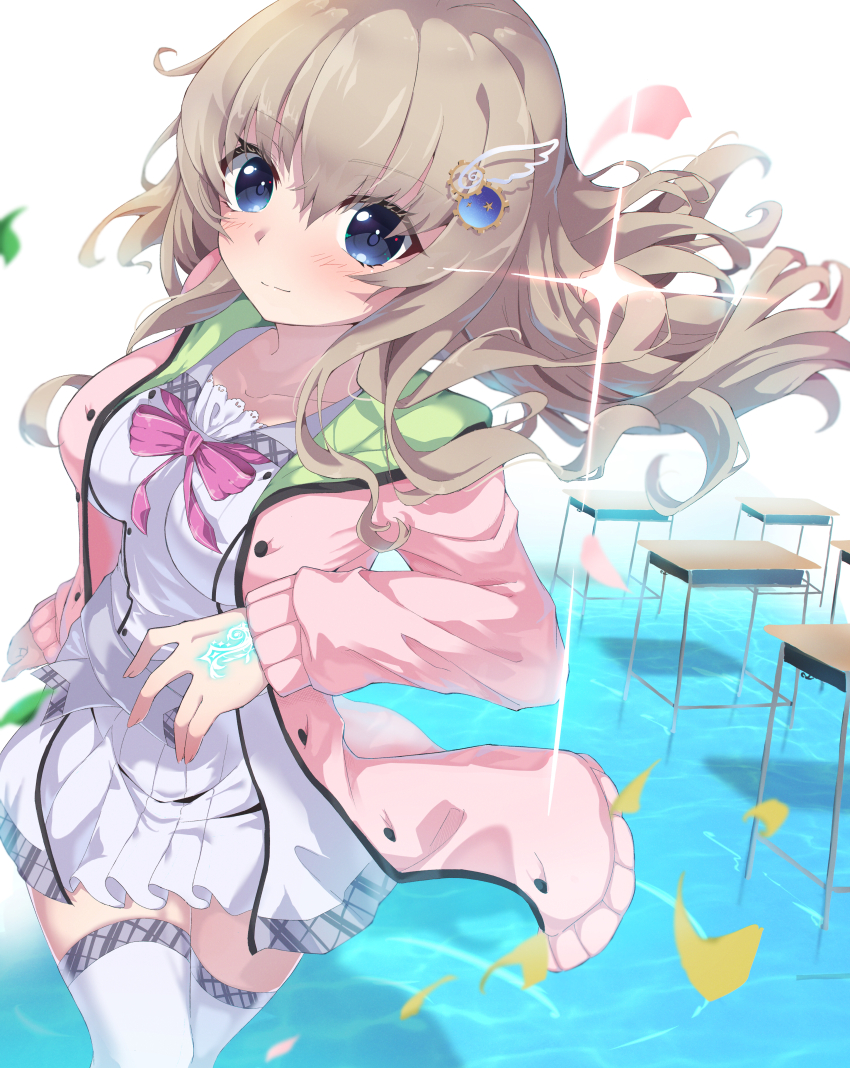 1girl, 9-nine-, absurdres, arm_at_side, arm_up, belt, blue_eyes, blush