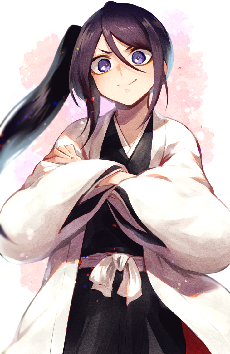 >:), 1girl, black_hair, black_kimono, bleach, bleach:_sennen_kessen-hen, blue_eyes, blush