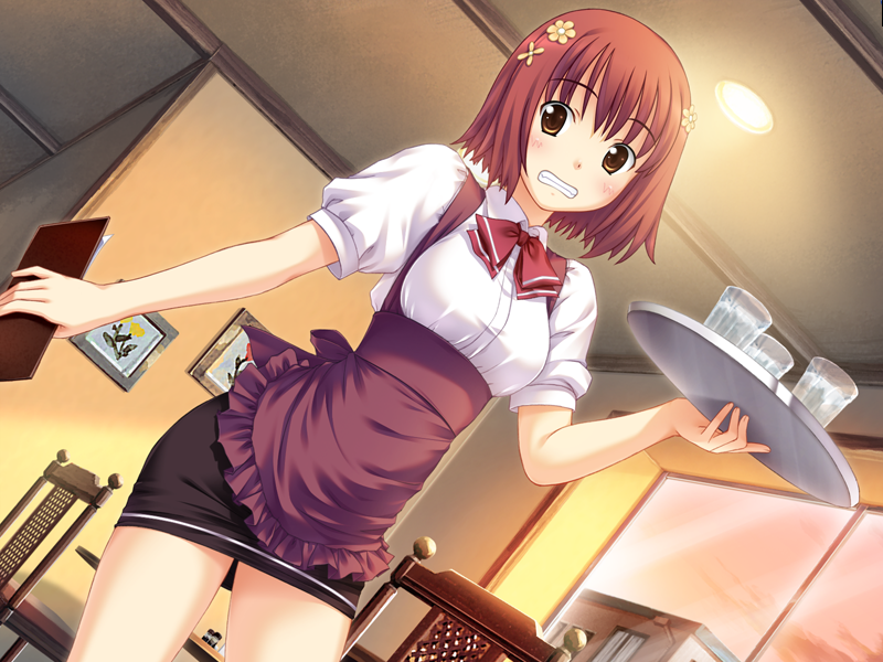 1girl, apron, black_skirt, blush, bow, bowtie, breasts, ceiling