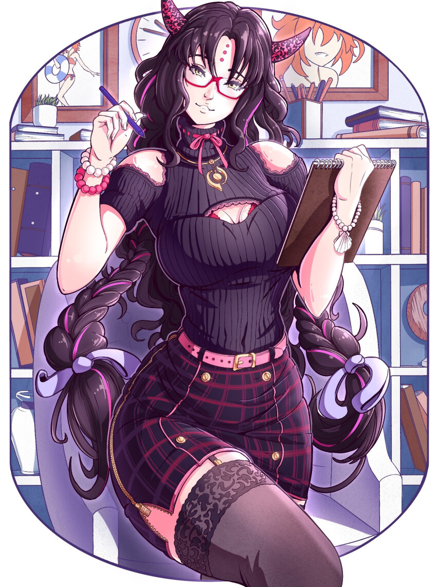 2girls, bead_bracelet, beads, belt, bikini, black_hair, black_skirt, black_sweater