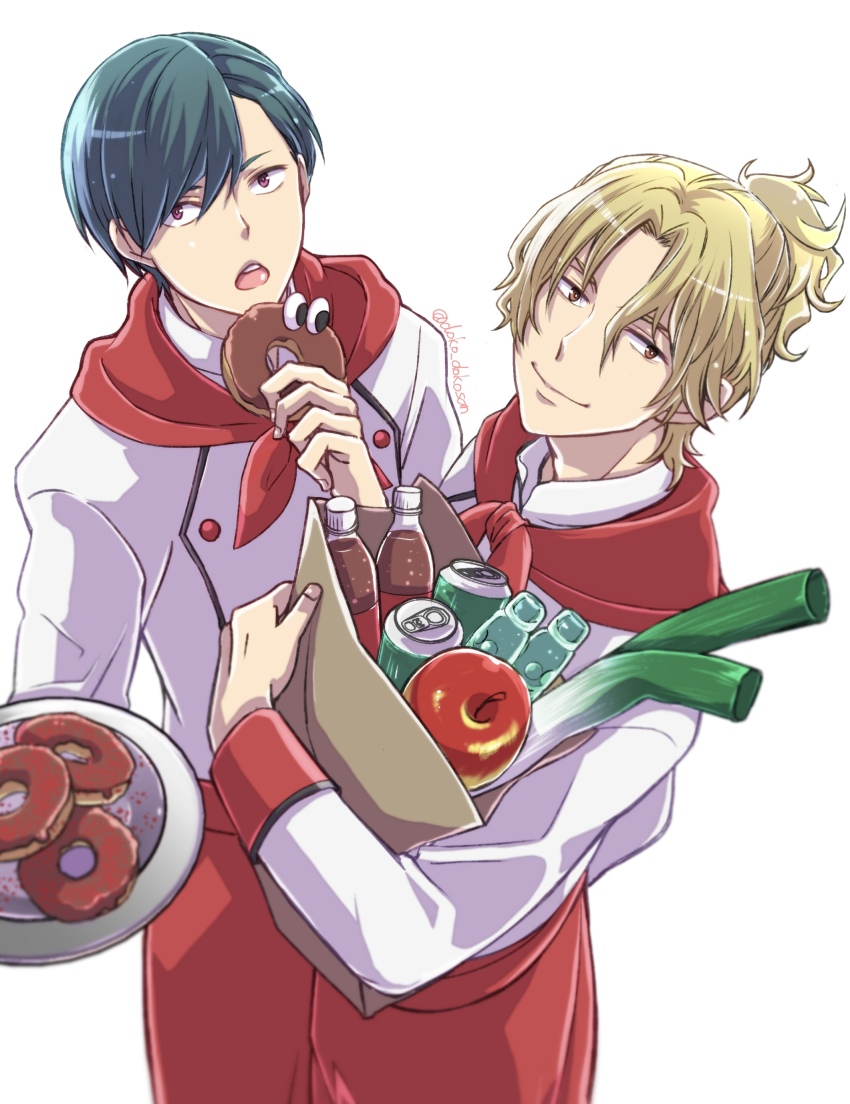 2boys, absurdres, apple, artist_name, bag, blonde_hair, brown_eyes, chef