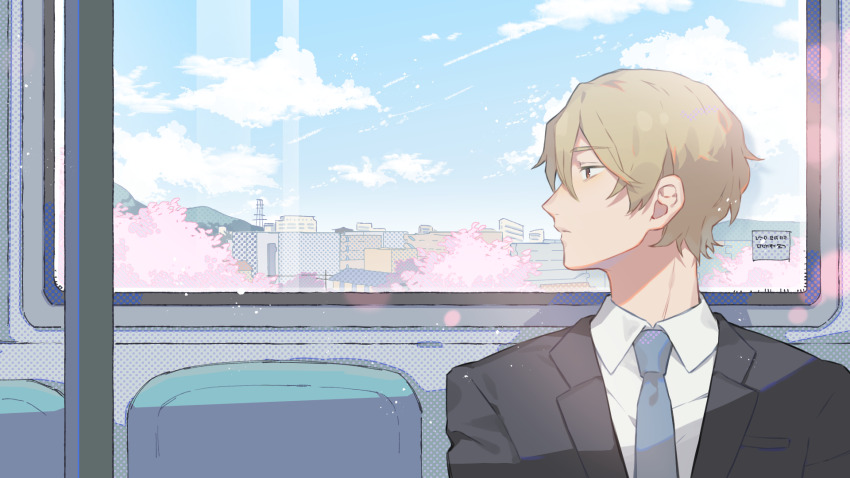 1boy, blonde_hair, blue_necktie, day, fish191101756, formal_clothes, hair_between_eyes, highres, male_focus, miyasumi_tatsuru, necktie, ryman's_club, short_hair, sitting, solo, suit, train_interior, upper_body