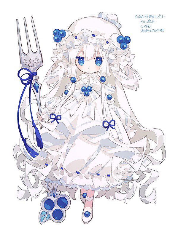 1girl, alcremie, alcremie_(berry_sweet), alcremie_(salted_cream), beads, blue_eyes, blueberry_hair_ornament, bow