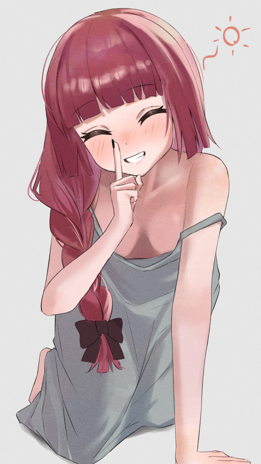 1girl, 3xens, ^_^, ^o^, all_fours, bare_shoulders, blunt_bangs, blush, bocchi_the_rock!, bow, braid, breasts, cleavage, closed_eyes, downblouse, dress, finger_to_mouth, green_dress, hair_bow, happy, highres, hiroi_kikuri, index_finger_raised, looking_at_viewer, medium_breasts, no_bra, red_hair, shushing, single_braid, smile, solo, strap_slip