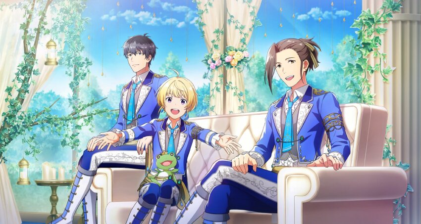 ahoge, beit_(idolmaster), blonde_hair, blue_sky, boots, brown_eyes, candle, collared_shirt