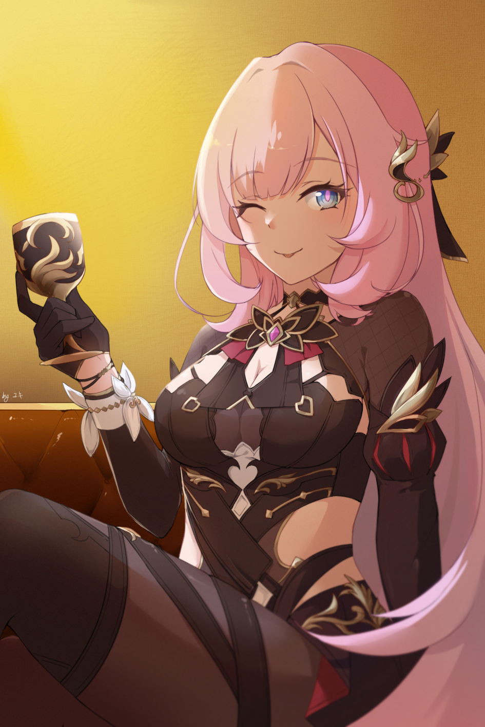 1girl, blue_eyes, breasts, cleavage, cleavage_cutout, closed_mouth, clothing_cutout, cosplay, couch, dress, eden_(honkai_impact), eden_(honkai_impact)_(cosplay), elf, elysia_(honkai_impact), gloves, hair_ornament, highres, holding_cup, honkai_(series), honkai_impact_3rd, long_hair, long_sleeves, looking_at_viewer, medium_breasts, one_eye_closed, pink_hair, pointy_ears, purple_dress, purple_gloves, sitting, smile, solo, tongue, tongue_out, yellow_background, yuki_(rfi5607)