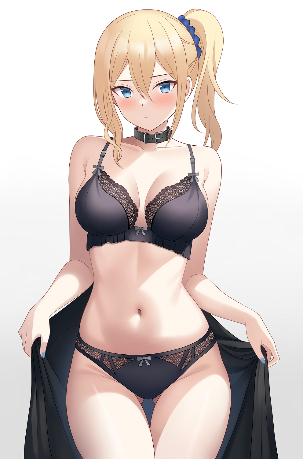1girl, bare_shoulders, black_bra, black_panties, blonde_hair, blue_eyes, blue_scrunchie, blush, bra, breasts, cleavage, collar, collarbone, hair_between_eyes, hair_ornament, hair_scrunchie, hayasaka_ai, highres, kaguya-sama_wa_kokurasetai_~tensai-tachi_no_renai_zunousen~, large_breasts, long_hair, looking_at_viewer, medium_hair, navel, panties, scrunchie, side_ponytail, sidelocks, solo, thighs, underwear, vodka13, white_background