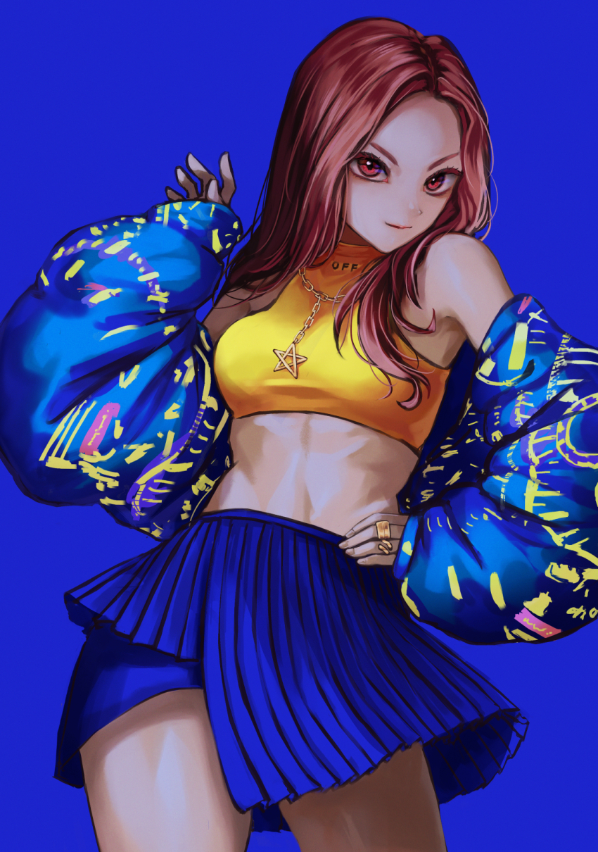 1girl, blue_skirt, breasts, brown_eyes, brown_hair, chaeryeong_(itzy), cropped_shirt, down_jacket, hands_on_own_hips, highres, itzy, jacket, jewelry, k-pop, kumano_yume, long_sleeves, looking_at_viewer, medium_breasts, midriff, necklace, off_shoulder, real_life, shirt, skirt, sleeveless, sleeveless_shirt, sleeves_past_wrists, solo, star_(symbol), star_necklace, v-shaped_eyebrows, wannabe_(itzy), yellow_shirt