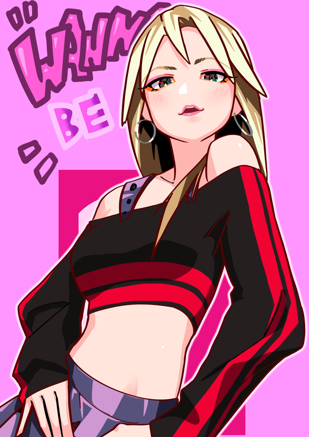 1girl, animification, black_eyes, black_shirt, blonde_hair, collarbone, commentary, crop_top, cropped_shirt, earrings, hands_on_own_hips, hoop_earrings, itzy, jewelry, k-pop, leaning_to_the_side, long_hair, long_sleeves, midriff, open_mouth, parted_lips, pleated_skirt, purple_eyes, purple_skirt, real_life, ryohhe, ryujin_(itzy), shirt, skirt, solo, song_name, wannabe_(itzy)