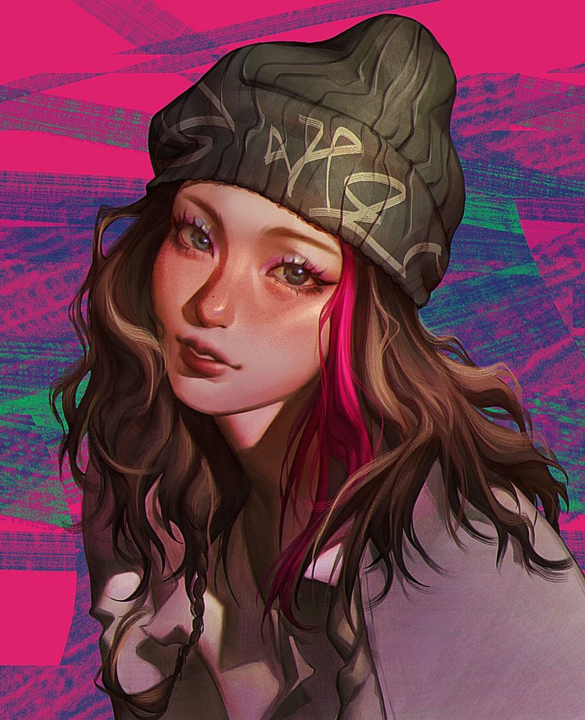 1girl, beanie, black_hair, black_hat, blue_eyes, blue_eyeshadow, blush, commentary, english_commentary, eus_(schzdraws), eyeshadow, hat, head_tilt, highres, itzy, k-pop, long_hair, looking_at_viewer, makeup, multicolored_hair, parted_lips, pink_eyeshadow, pink_hair, portrait, real_life, realistic, smile, solo, streaked_hair, yeji_(itzy)
