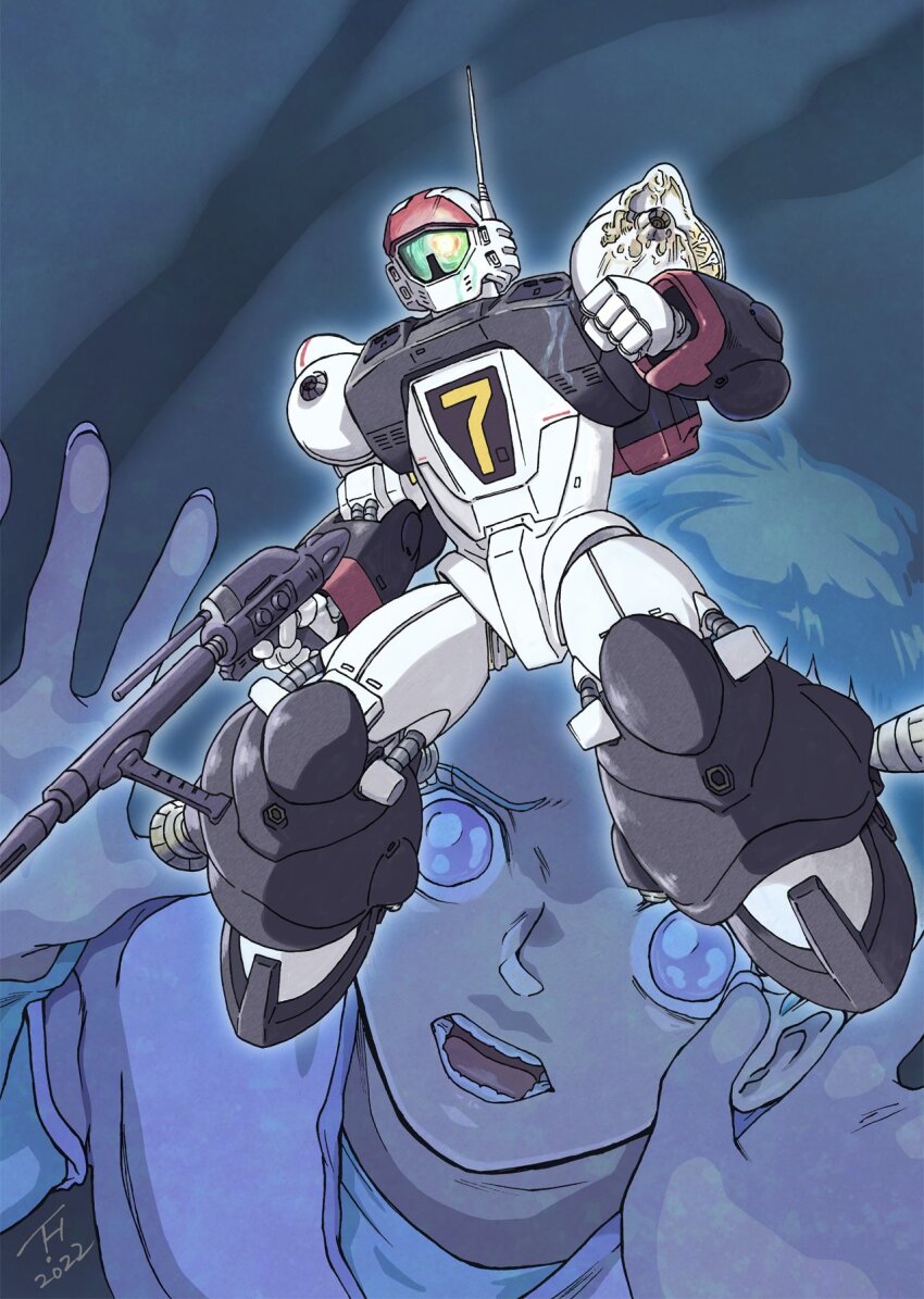 1girl, 2022, assault_visor, blue_hair, clenched_hand, collarbone, ginga_hyouryuu_vifam, gun