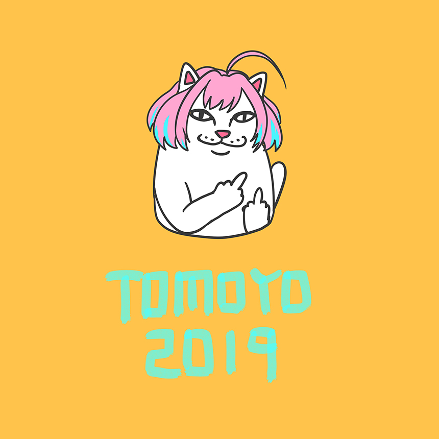 :3, animal, animal_ears, animal_focus, artist_name, blue_hair, cat, cat_ears, cat_tail, dated, deng_deng, idolmaster, idolmaster_cinderella_girls, looking_at_viewer, lord_nermal, middle_finger, no_humans, pink_hair, ripndip, short_hair, tail, yumemi_riamu