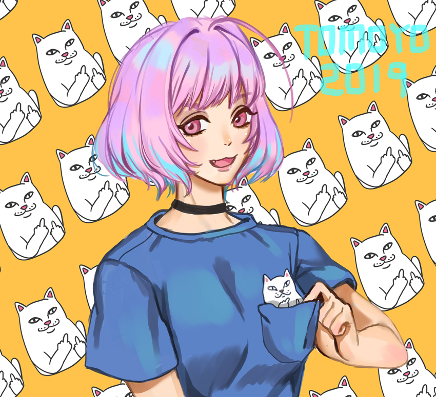 1girl, animal_print, artist_name, black_choker, blue_hair, blue_shirt, breast_pocket, cat_print