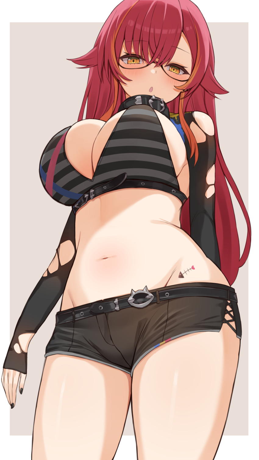 1girl, absurdres, belt, belt_buckle, black_nails, black_shorts, blush, breasts, buckle, choco_tanuki, cleavage, collar, cowboy_shot, crop_top, from_below, glasses, groin, highres, large_breasts, long_hair, looking_at_viewer, looking_down, midriff, nail_polish, navel, nekota_tsuna, nekota_tsuna_(1st_costume), open_mouth, outside_border, red_hair, semi-rimless_eyewear, short_shorts, shorts, shrug_(clothing), solo, tattoo, torn_clothes, torn_sleeves, virtual_youtuber, vspo!, yellow_eyes