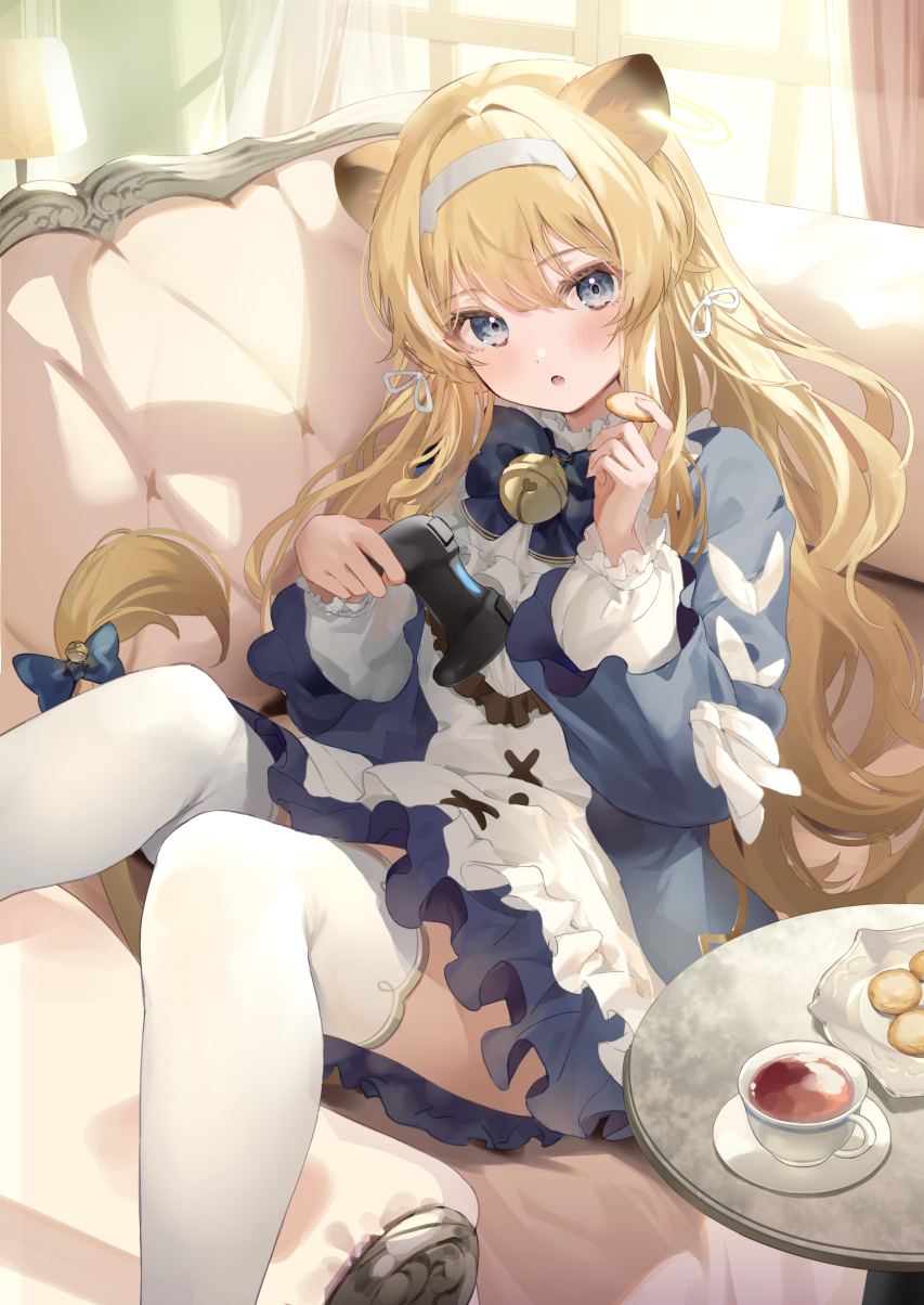 1girl, animal_ears, bell, biscuit_(bread), blonde_hair, blue_eyes, blush, bow