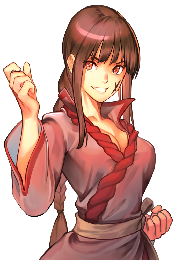 1girl, braid, breasts, brown_eyes, brown_hair, cleavage, clenched_hand, collar