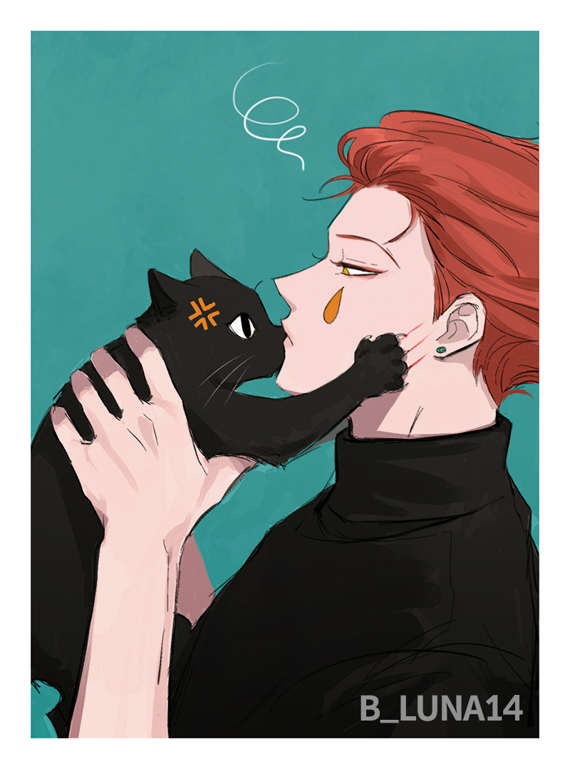 1boy, anger_vein, animal, b_luna14, black_eyes, cat, earrings, hisoka_morow