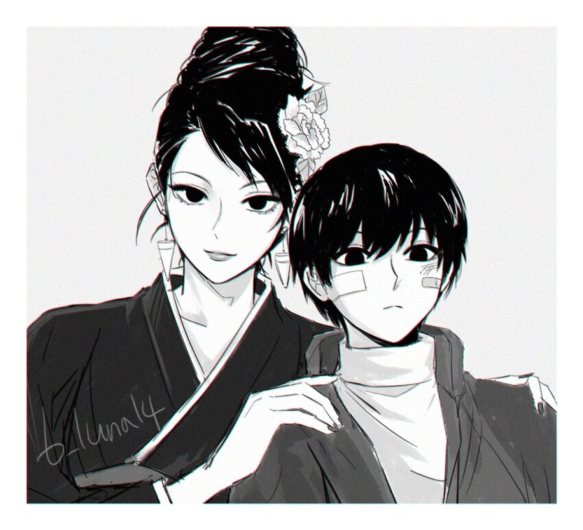 1boy, 1girl, aged_down, b_luna14, bandages, bandaid, bandaid_on_face, black_eyes, black_hair, flower, hands_on_another's_shoulders, hunter_x_hunter, illumi_zoldyck, kikyou_zoldyck, lipstick, makeup, male_focus, monochrome, mother_and_child, mother_and_son, parent_and_child, short_hair, smile