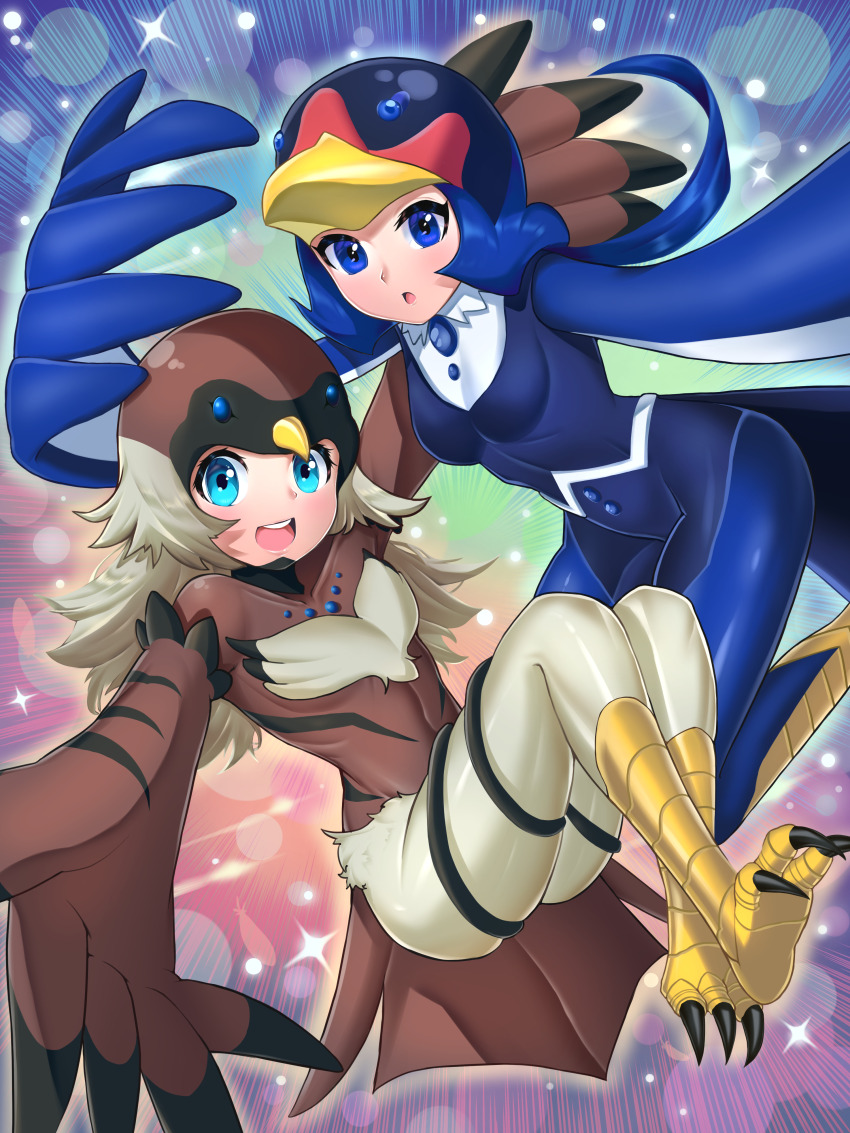 2girls, absurdres, bird_hat, bird_legs, blue_eyes, blue_hair, breasts, brown_hair, commentary, duel_monster, feathered_wings, harpy, highres, long_hair, looking_at_viewer, lyrilusc_-_cobalt_sparrow, lyrilusc_-_sapphire_swallow, messy_hair, monster_girl, multiple_girls, open_mouth, pongpong0920, small_breasts, talons, winged_arms, wings, yu-gi-oh!