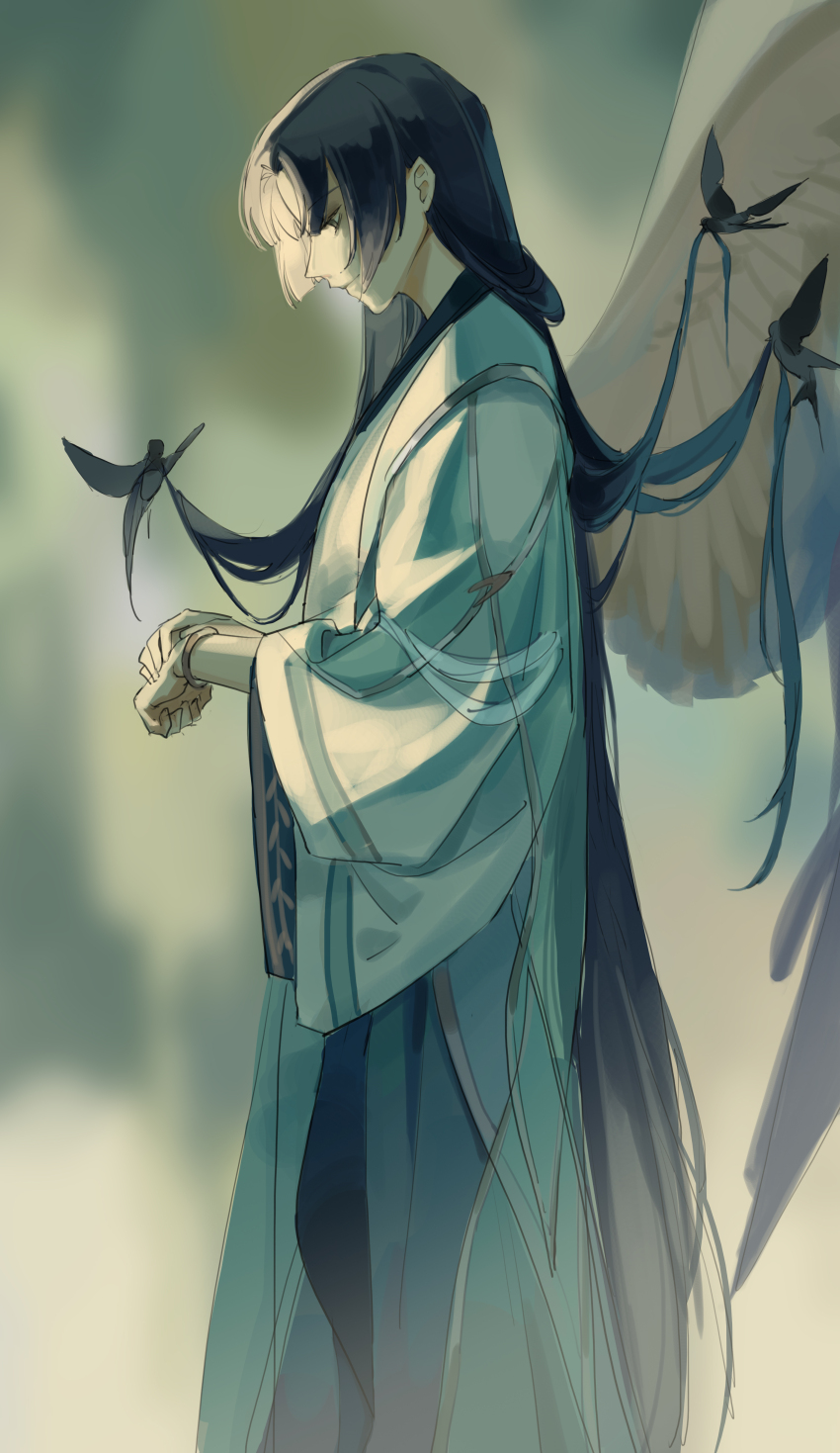 1boy, absurdres, angel_wings, bird, bishounen, black_hair, chinese_clothes, hanfu, highres, long_hair, long_sleeves, looking_down, male_focus, profile, rachelee618, solo, straight_hair, the_tale_of_food, very_long_hair, wings, zi_tui_yan