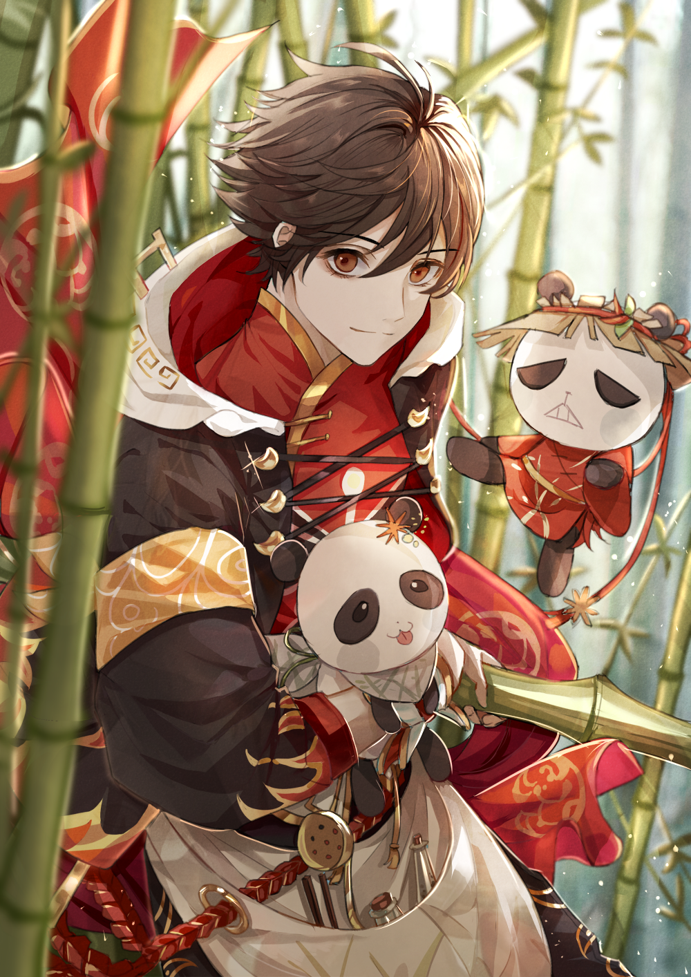 1boy, aguaaaaaa, bamboo, bamboo_forest, bishounen, brown_eyes, chuan_wei_huoguo, forest, highres, male_focus, nature, panda, short_hair, solo, the_tale_of_food