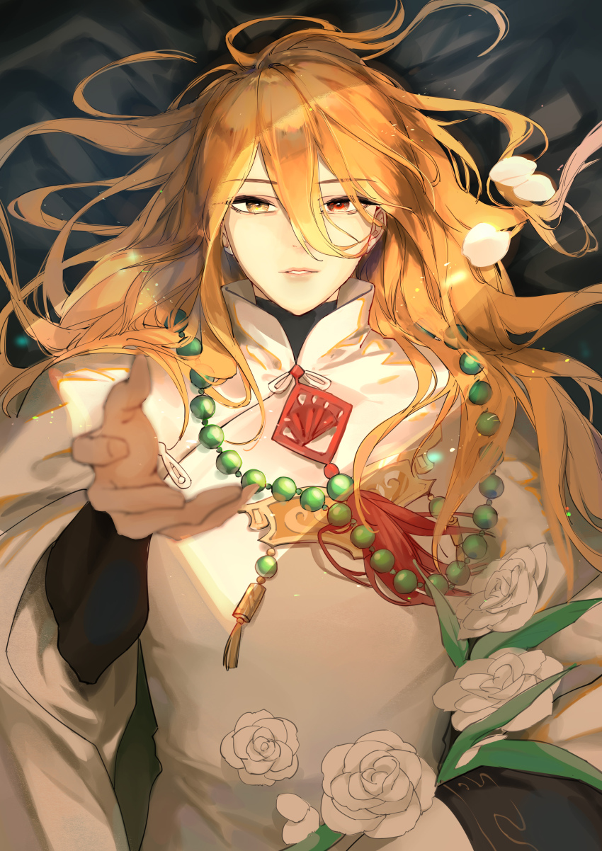 1boy, absurdres, bead_necklace, beads, bishounen, blonde_hair, buddha's_temptation_(the_tale_of_food), heterochromia