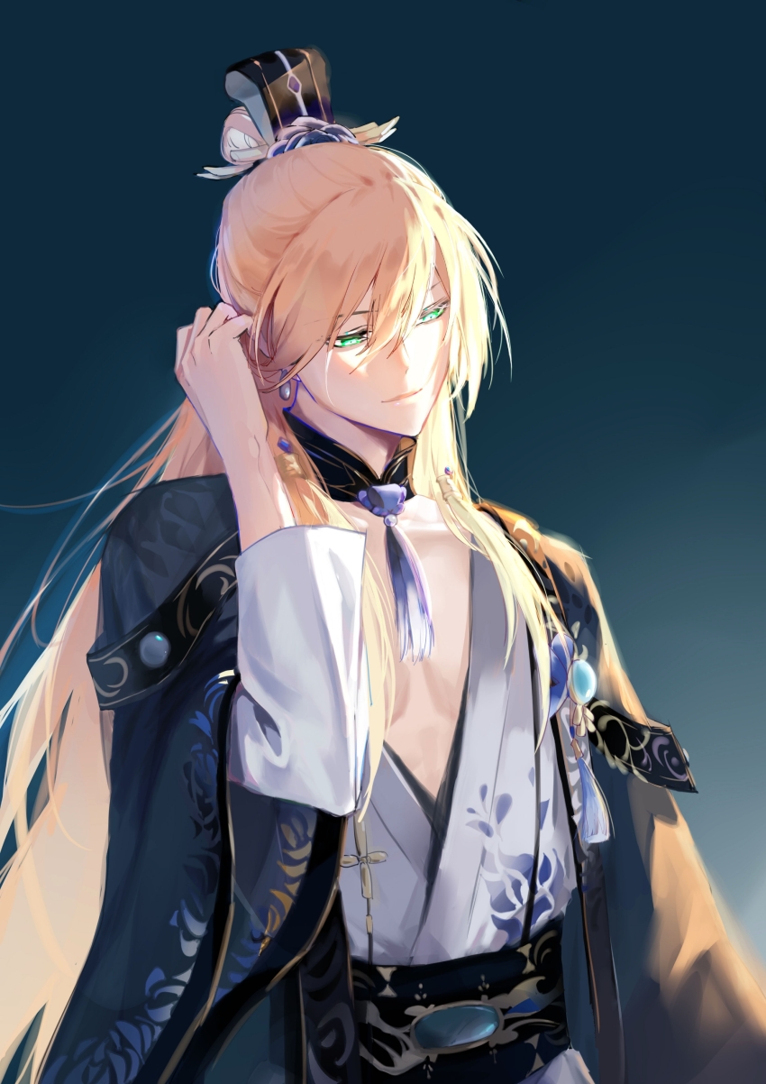 1boy, absurdres, bishounen, blonde_hair, chinese_clothes, green_eyes, hair_between_eyes, hanfu, highres, long_hair, long_sleeves, male_focus, rachelee618, solo, tassel, the_tale_of_food, yangzhou_fried_rice