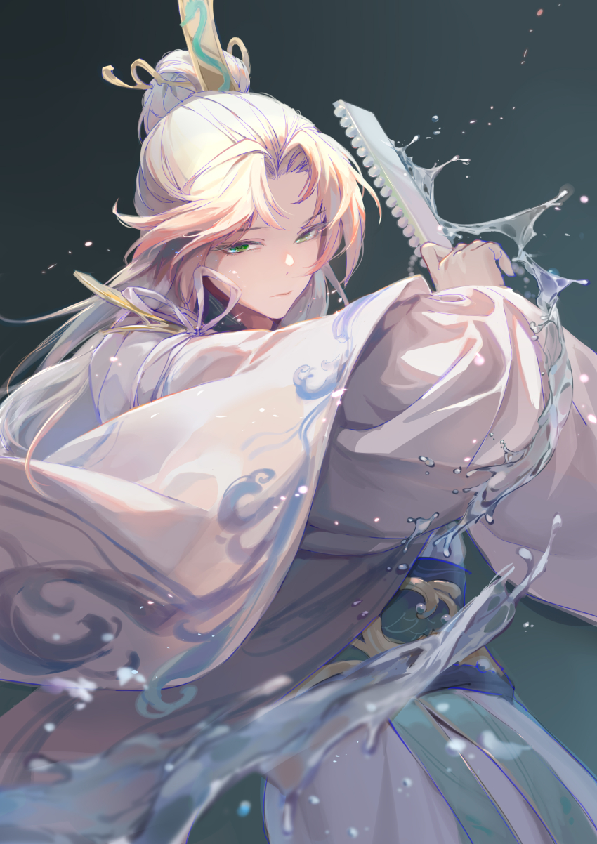 1boy, absurdres, bishounen, chinese_clothes, expressionless, green_eyes, hanfu, highres