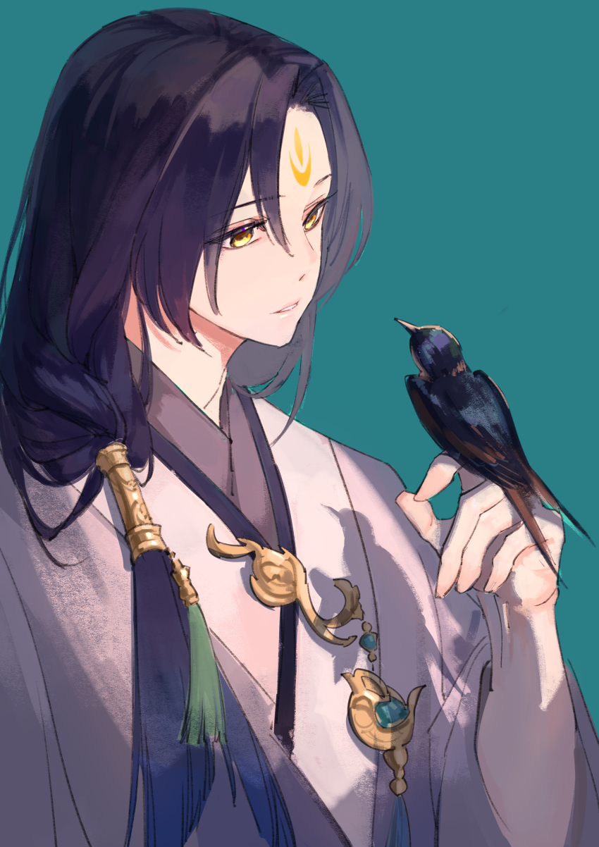 1boy, absurdres, bird, bishounen, chinese_clothes, facial_mark, forehead_mark, hair_over_shoulder