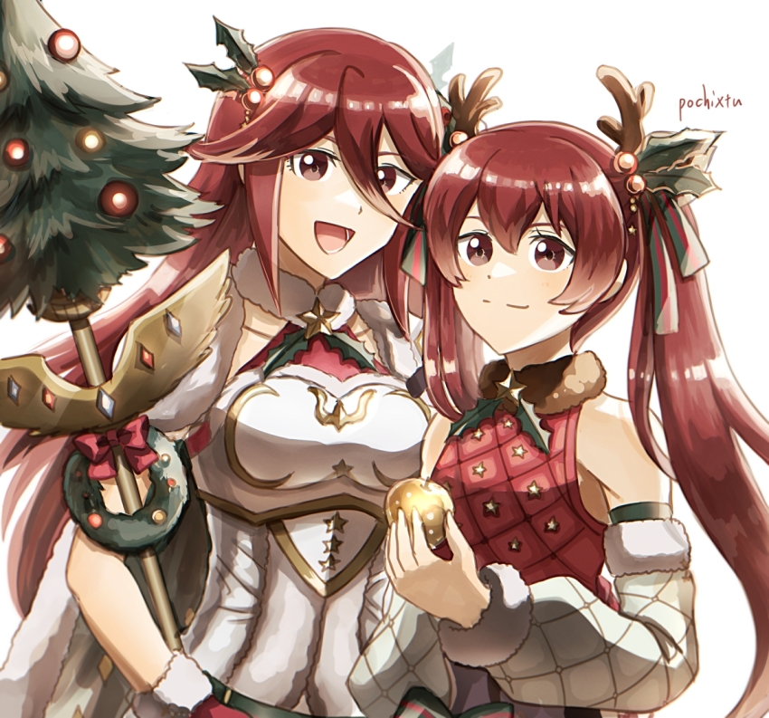 2girls, :d, artist_name, bare_shoulders, cape, cordelia_(fire_emblem), cordelia_(winter)_(fire_emblem), detached_sleeves