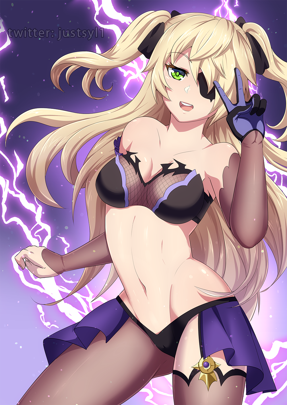 1girl, :d, black_pantyhose, black_ribbon, blonde_hair, breasts, eyepatch, fischl_(genshin_impact), genshin_impact, green_eyes, hair_ribbon, highres, justsyl, long_hair, medium_breasts, navel, open_mouth, pantyhose, ribbon, smile, solo, standing, twitter_username, two_side_up, v