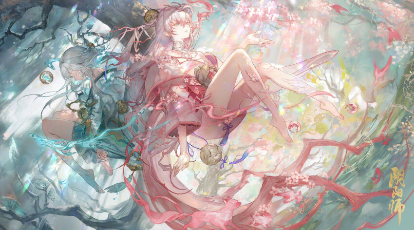 1girl, barefoot, cherry_blossoms, colored_tips, dual_persona, full_body, half-closed_eyes, highres