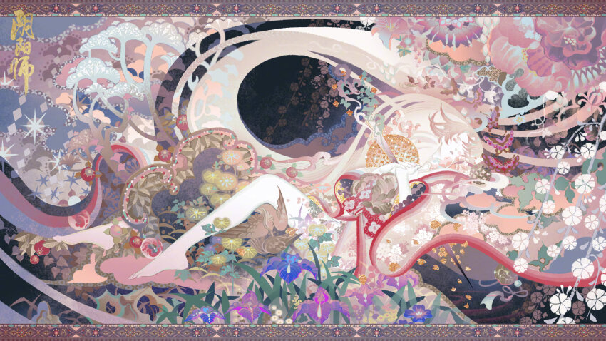 1girl, barefoot, cherry_blossoms, closed_eyes, closed_mouth, full_body, highres, japanese_clothes