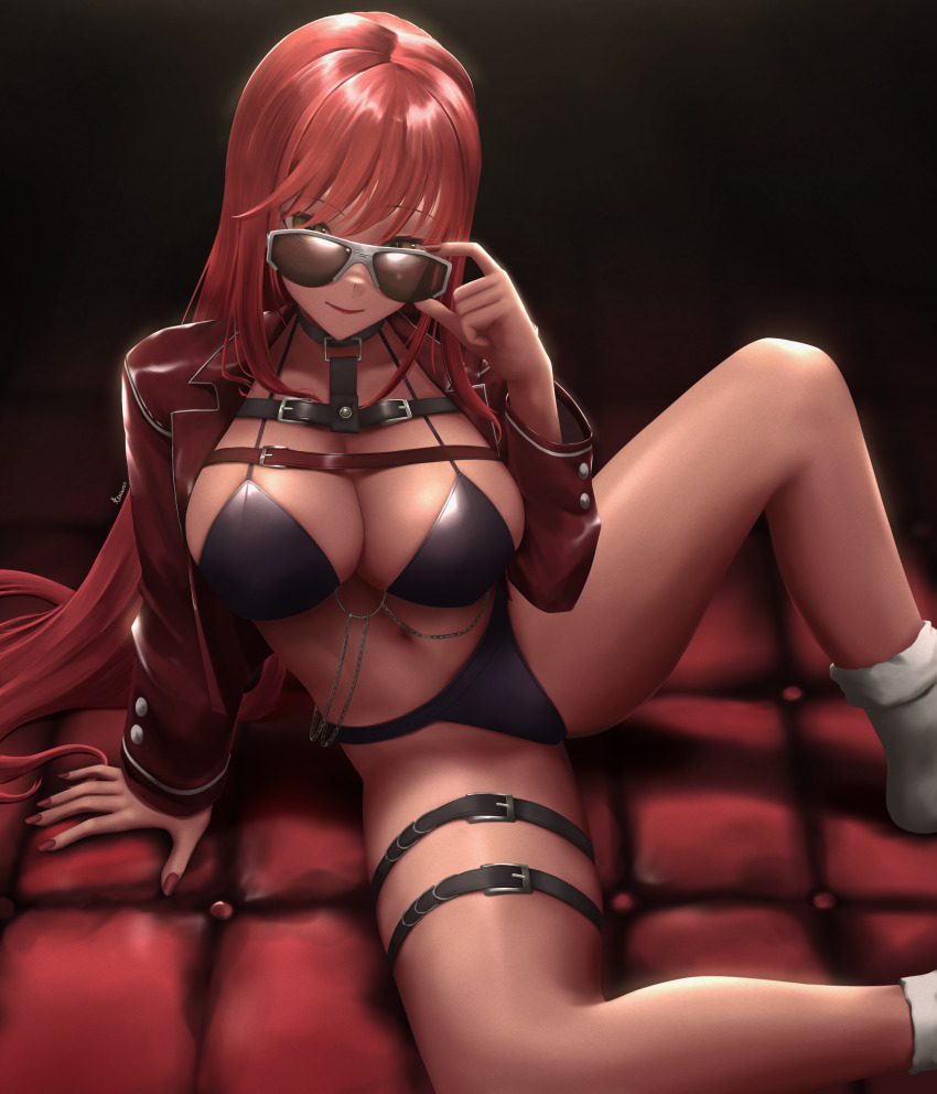 1girl, absurdres, bikini, bikini_over_clothes, black_bikini, bodystocking, breasts, cleavage, covered_navel, eko.art, goddess_of_victory:_nikke, highres, jacket, large_breasts, leather, leather_jacket, long_hair, long_sleeves, open_clothes, open_jacket, open_mouth, orange_eyes, red_hair, red_jacket, see-through_clothes, see-through_cleavage, sidelocks, sitting, smile, solo, sunglasses, swimsuit, thighs, volume_(nikke)
