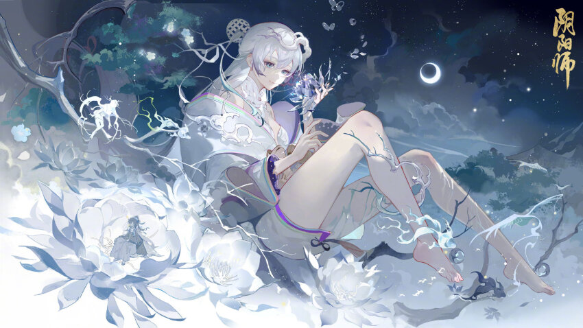 1girl, barefoot, flower, full_body, highres, japanese_clothes, long_hair, moon, official_art, on_flower, onmyoji, shiki_(onmyoji), very_long_hair, white_flower, white_hair, white_lotus