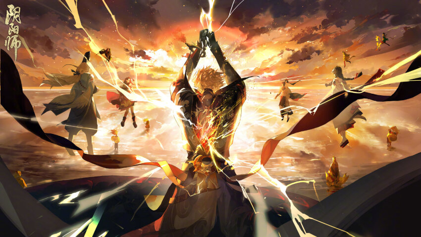 2girls, 3boys, abe_no_seimei_(onmyoji), back, blonde_hair, highres, japanese_clothes, kagura_(onmyoji), long_hair, male_focus, minamoto_no_hiromasa, multiple_boys, multiple_girls, official_art, onmyoji, susanoo_(onmyoji), yao_bikuni_(onmyoji)