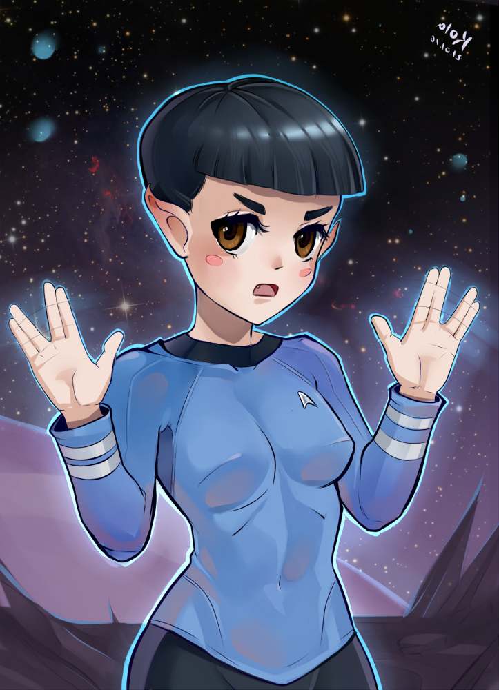 1girl, :o, artist_name, black_hair, blue_shirt, blunt_bangs, blush_stickers, breasts