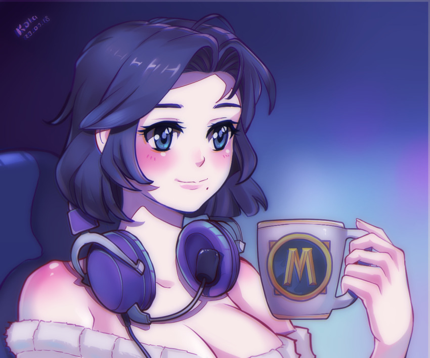 artist_name, black_hair, blue_eyes, blush, breasts, chair, cleavage, cup