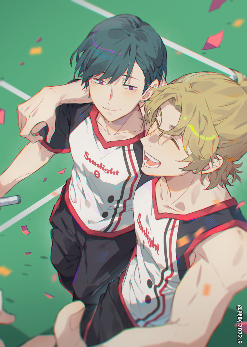 2boys, black_shorts, blonde_hair, blush, closed_eyes, confetti, dated, fish191101756, green_hair, highres, indoors, male_focus, miyasumi_tatsuru, multiple_boys, purple_eyes, ryman's_club, shiratori_mikoto_(ryman's_club), shirt, shorts, sleeveless, sleeveless_shirt, sportswear, yaoi